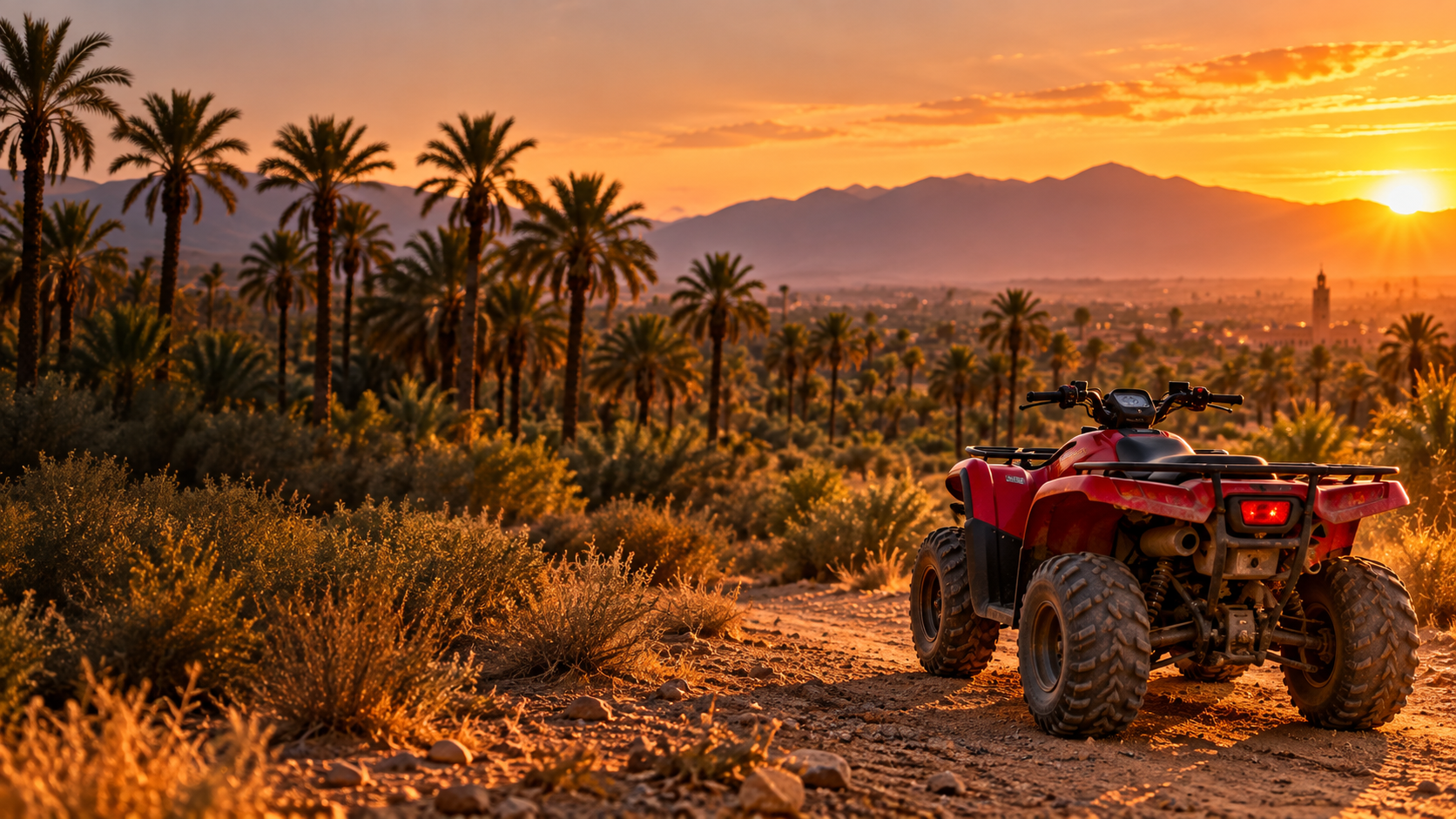 Quad bike overlooking the Marrakech Palmeraie at sunset