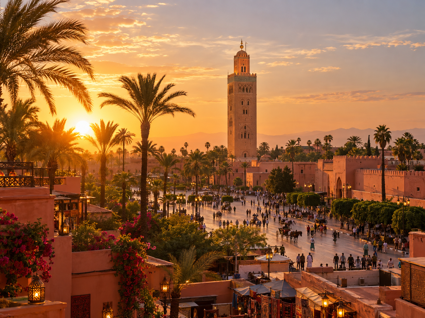 Marrakech city and the Koutoubia Mosque at sunset