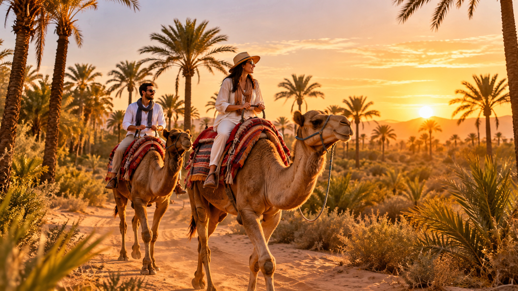Camel riders travelling through the Marrakech palm grove at sunset
