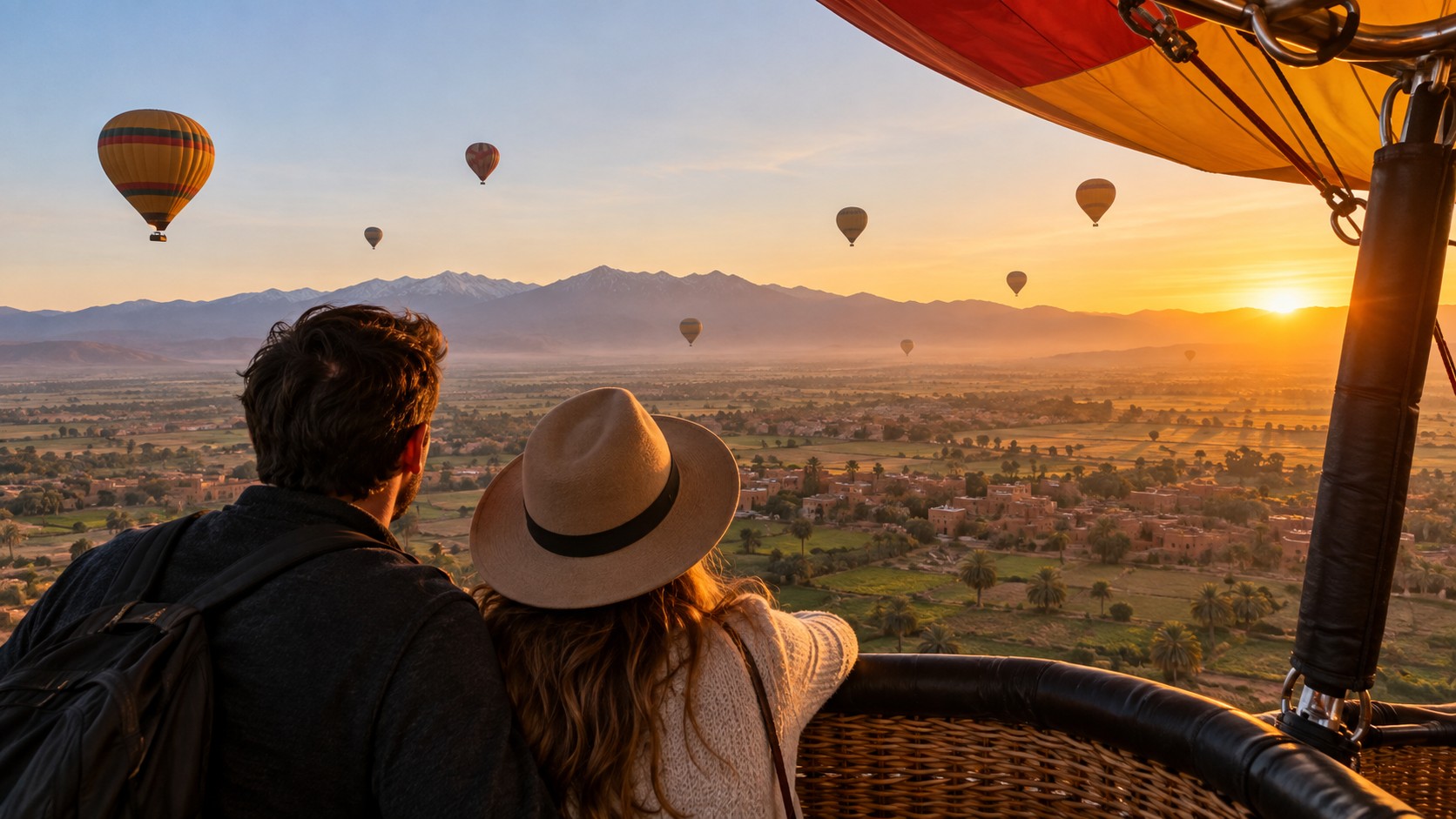Hot air balloon flight over Marrakech at sunrise