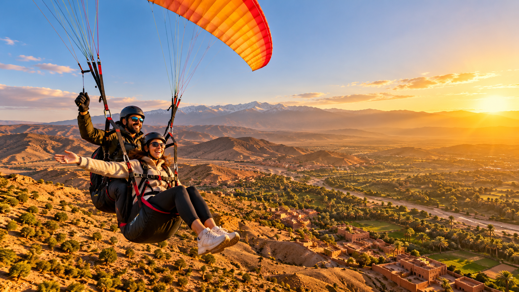Tandem paragliding flight above the landscape near Marrakech