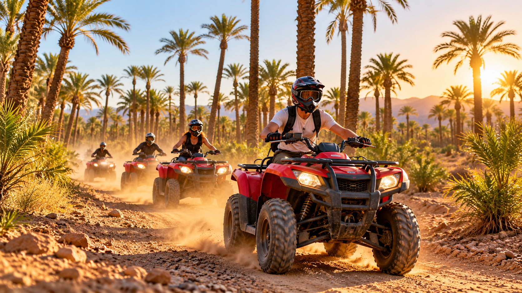 A group riding quad bikes through Marrakech Palmeraie