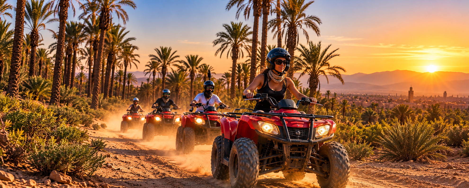 Quad bikes riding through palm groves in Marrakech Palmeraie